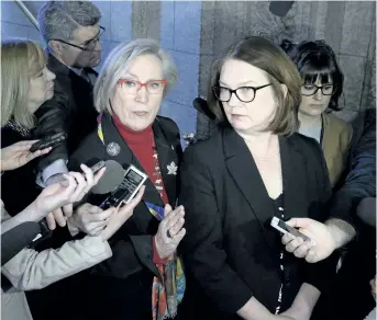  ?? JUSTIN TANG/THE CANADIAN PRESS ?? Indigenous Affairs Minister Carolyn Bennett, left, and Indigenous Services Minister Jane Philpott speak to reporters after meetings with the family of Colten Boushie, on Parliament Hill in Ottawa on Monday.