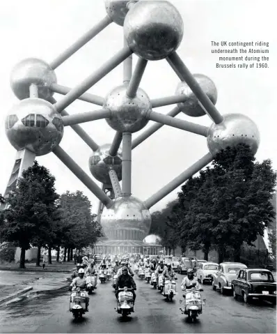  ??  ?? The UK contingent riding underneath the Atomium monument during the Brussels rally of 1960.