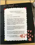  ?? SEVGI UNAY VIA AP ?? This June 2018 photo provided by Sevgi Unay shows a hand-bound book of student reflection­s to thank a teacher in New York.