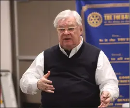  ?? Staff photo/Corey Maxwell ?? Jim Dicke II dropped by the New Bremen New Knoxville Rotary meeting last week to talk about the early history of Crown.