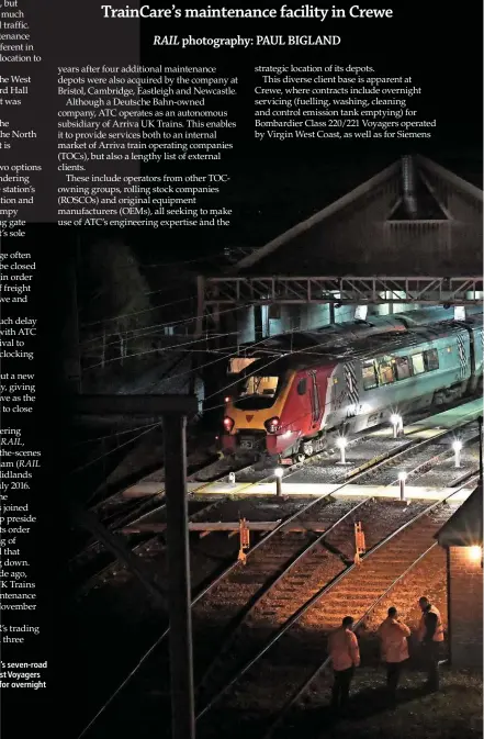  ??  ?? Looking south towards Arriva TrainCare’s seven-road through shed at Crewe, Virgin West Coast Voyagers and London Midland Desiros assemble for overnight servicing on November 23 2017.