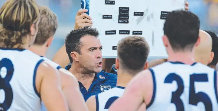  ??  ?? MAKE A STATEMENT: Geelong coach Chris Scott has some injury concerns so early in the season but he cannot afford to let his team lose on home turf to the Saints and end up 1-3.