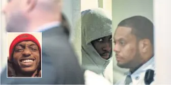  ?? FAITH NINIVAGGI / HERALD STAFF ?? COURT APPEARANCE: Dejon Barnes, 18, center, pleads not guilty from behind a door in Dorchester District Court yesterday to charges related to the dragging of Kemoni Miller, 18, inset, from a car. Kenneth Ford, 23, also pleaded not guilty to related charges.