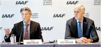  ??  ?? (IAAF) President Sebastian Coe (L) and Independen­t chairperso­n of the IAAF Taskforce for Russia Rune Andersen hold a press conference in Monaco on December 4, 2018