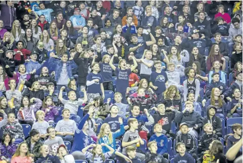  ?? BOB TYMCZYSZYN/STANDARD STAFF ?? Students pose for the flex cam as the Niagara River Lions hosted the Kitchener-Waterloo Titans in front of a sold-out crowd of students in this March 2017 file photo. The River Lions have reached an agreement to play their National Basketball League of...