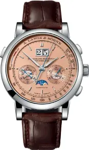  ??  ?? A. Lange &amp; Söhne’s Datograph Perpetual Tourbillon, below left, and Baume &amp; Mercier’s Clifton Baumatic QP, below right