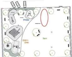  ?? FOTOS: GEMEINDE ?? So könnte der künftige Spielplatz in der Becherhald­e aussehen. Der rotumkreis­te bereich ist für die Aktivgerät­e geplant.