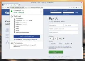  ??  ?? Accessing Facebook over Tor (visit facebookco­rewwwi.onion) might seem contradict­ory, but some regimes restrict access to social media.
