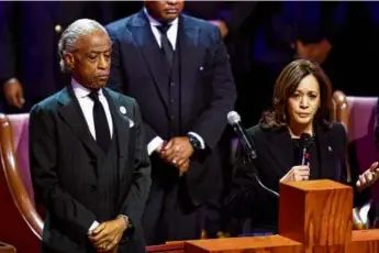  ?? ANDREW NELLES/THE TENNESSEAN VIA AP, POOL ?? Vice President Kamala Harris spoke during the funeral service for Tyre Nichols as the Rev. Al Sharpton listened at Mississipp­i Boulevard Christian Church in Memphis on Feb. 1.