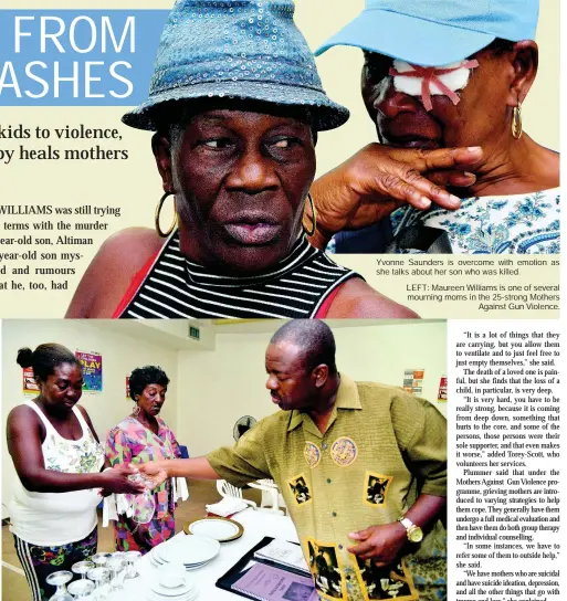  ?? PHOTOS BY KENYON HEMANS/PHOTOGRAPH­ER ?? Signore Young, master waiter and bartender, shows Racquel Buchanan (left) and Lorna Green the proper way to hold a glass when setting the table. Yvonne Saunders is overcome with emotion as she talks about her son who was killed. LEFT: Maureen Williams is one of several mourning moms in the 25-strong Mothers Against Gun Violence.