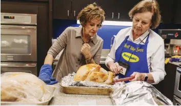  ?? Danielle Scruggs/The New York Times ?? Phyllis Kramer (left) and Alice Coffrey, who have been working the Butterball Turkey Talk-Line for a collective 42 years, check the temperatur­e of a turkey in the company’s test kitchen in Naperville, Ill., on Oct. 15, 2019. As Thanksgivi­ng looms, no algorithm can comfort hordes of harried cooks like the 38-year-old Turkey Talk-Line.