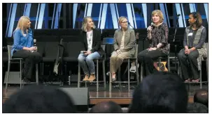  ?? Arkansas Democrat-Gazette/FRANCISCA JONES ?? Lisa George (second from right), wife of the pastor of First Baptist Church in Rogers, speaks during the panel discussion “A Word From the Wives” with (from left), Andrea Lennon, moderator and women’s ministry specialist for the Arkansas Baptist State Convention; Jennifer Barnard, wife of the pastor of Crossgate Baptist Church in Hot Springs; Ginger Johnson, wife of the pastor of Village Baptist Church in Bella Vista; and Beverly Newborn, wife of the pastor of Fellowship Community Church in Forrest City, at the state convention’s Pastors Conference on Monday at Central Baptist Church in Jonesboro.