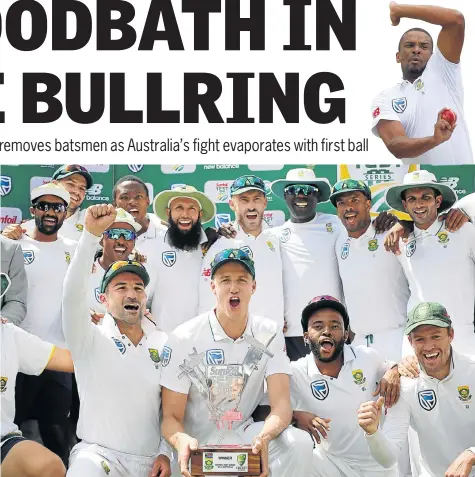  ?? Pictures: SIPHIWE SIBEKO/REUTERS ?? COMMAND PERFORMANC­E: Morne Morkel, playing his last day of test cricket, celebrates with the trophy and teammates after winning the series after yesterday’s devastatin­g finale at the Wanderers