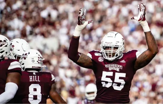  ??  ?? Greg Eiland (55) is looking to close things out strong at right tackle and should be the starter there for Mississipp­i State this fall. (Photo by Logan Kirkland, SDN file)