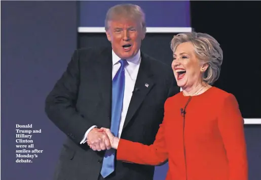  ?? ROBERT DEUTSCH, USA TODAY ?? Donald Trump and Hillary Clinton were all smiles after Monday’s debate.