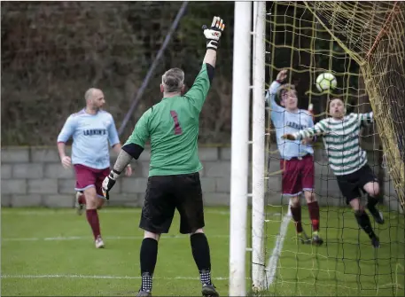  ??  ?? St Anthony’s keeper Rob McNamee signals that the ball has crosseds the line during the clash with Greystones.