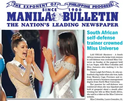  ??  ?? COMING UP SHORT– After joining the semifinals as a wild-card entry, the Philippine­s’ Rachel Peters (left photo) advanced to the last 10 but failed to make it to the Final Five of the Miss Universe pageant Sunday. The crown went to South Africa’s...