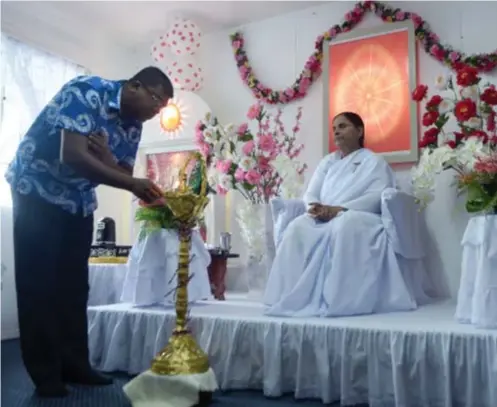  ??  ?? Minister for Education Mahendra Reddy lights the Ram Navami religious diya for the Fiji Brahma Kumari’s Rajyog Meditation Centre in Suva, yesterday. Photo: Jone Luvenitoga