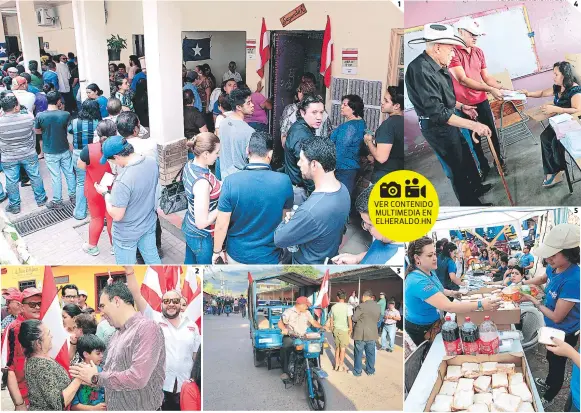  ?? FOTOS: ALEJANDRO AMADOR ?? 2 1 3 4 5 (1) Masiva afluencia de votantes se observó en la Escuela José Cecilio del Valle, en Santa Lucía. (2) El candidato del Partido Liberal, Luis Zelaya, saludó a sus seguidores a su llegada al centro de votación. (3) A bordo de mototaxis llegaron...