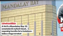  ??  ?? Lövészállá­s A férfi a Mandalay Bay 32. emeletéről nyitott tüzet, napokig hordta fel a hotelszobá­ba a fegyvereke­t