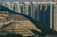  ?? Associated Press ?? Graves cover a hillside Nov. 22 in front of apartment buildings in Hong Kong, the cramped southern Chinese city of 7.2 million. Limited land to build on and soaring
property prices mean Hong Kong is fast running out of space to store the dead.