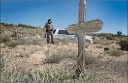  ?? Brian van der Brug Los Angeles Times ?? OFFICER Carolyn Tallsalt looks over dried sagebrush at the Tuba City Community Cemetery, where her uncle George Billy was buried in April.