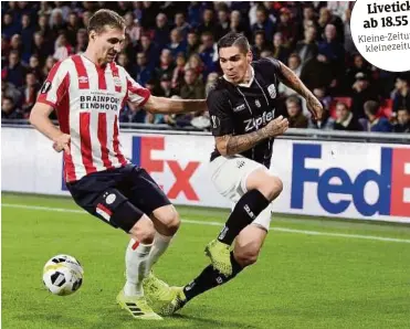  ?? GEPA ?? Dominik
Frieser (rechts) trifft heute mit dem LASK auf PSV Eindhoven. Mit einem Punktgewin­n lebt die Chance auf den Aufstieg weiter