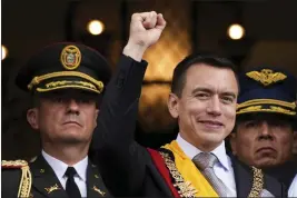  ?? CARLOS NORIEGA — THE ASSOCIATED PRESS ?? Newly sworn-in President Daniel Noboa waves from a balcony of the Carondelet presidenti­al palace in Quito, Ecuador, Thursday.