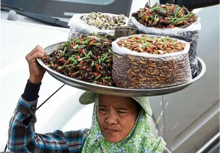  ?? — AFP ?? A vendor carries fried crickets and other edible insects for sale on a ferry in Phnom Penh, Cambodia. Are you up for insect protein?