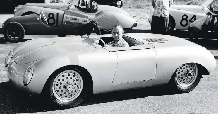  ??  ?? Max Hoffman, seen here in a Glockler-Porsche race car in 1951, was integral to the introducti­on and sale of foreign automobile­s in the United States.