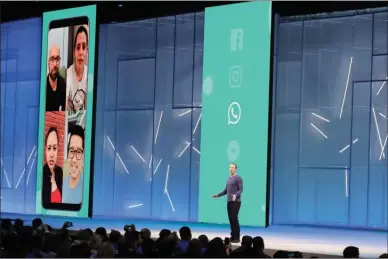  ?? The Associated Press ?? Facebook CEO Mark Zuckerberg makes the keynote address at F8, Facebook’s developer conference,Tuesday in San Jose, Calif.