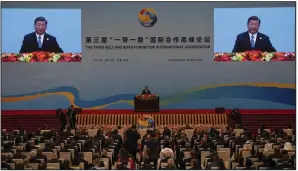  ?? (AP/Louise Delmotte) ?? Chinese President Xi Jinping delivers a speech Wednesday during the Belt and Road Forum at the Great Hall of the People in Beijing. More photos at arkansason­line.com/1019beltro­ad/.