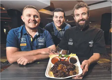  ?? Picture: MATT TAYLOR ?? TAKEAWAY OPTION: Cowboys Leagues Club general manager Clint Williams, with executive chef Tom Martyn and duty manager Cal Davies.