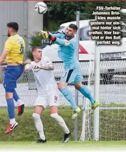  ??  ?? FSV-Torhüter Johannes Brinkies musste gestern nur einmal hinter sich greifen. Hier faustet er den Ball
perfekt weg.