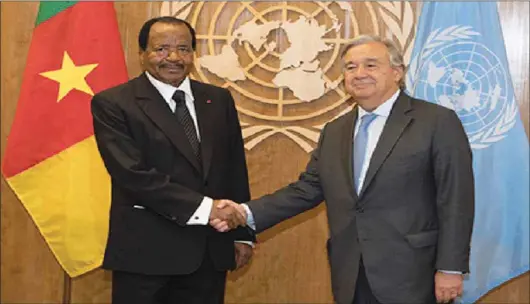  ??  ?? President Paul Biya (left) and United Nations Secretary-General Antonio Guterres during their first meeting at the UN Headquarte­rs, New York, on September 22, 2017