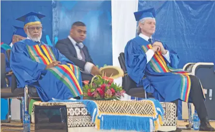  ?? Photo: Mere Satakala ?? FNU council chair and chancellor Ikbal Jannif (front left), and Fiji National University vice-chancellor Nigel Healey (front right) at the Fiji National University graduation at the Vodafone Arena in Suva yesterday.