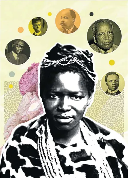  ?? Illustrati­on: Nolo Moima ?? Charlotte Maxeke. Inset, from left, Alfred Xuma, Pixley ka Isaka Seme, John Dube, Richard Victor Selope Thema, Solomon Tshekisho Plaatje.