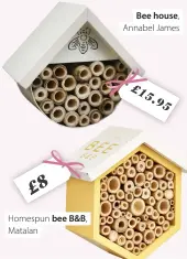  ??  ?? SPEND VS SAVE
Buzzing homes for bees
Homespun bee B&B, Matalan
Bee house,
Annabel James