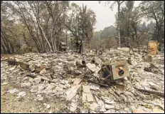  ?? ASSOCIATED PRESS ?? Debris rests Friday at a scorched Gregory Creek Acres home in unincorpor­ated Shasta County as the Salt Fire burns nearby. The fire, which broke out Wednesday, covered nearly eight square miles and was 5% contained, a spokeswoma­n said.