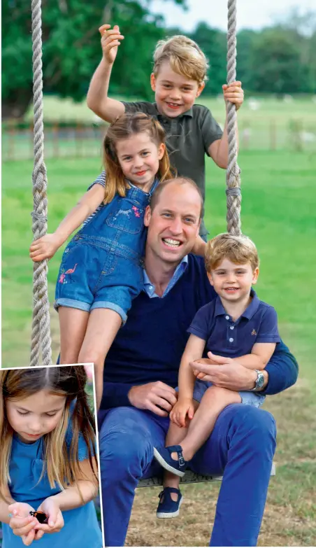  ?? ?? Charlotte joins George and Louis for a loving snap with Prince William to mark Father’s Day and his birthday in 2020, while this year the caring youngster was seen cradling a butterfly in another photo taken by her mum (left)