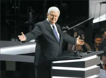  ?? Rebecca Droke/Post-Gazette ?? Former House Speaker Newt Gingrich speaks to the convention. “We cannot let ourselves go numb to these accumulati­ng atrocities,” he said — though he stressed that “the vast majority of Muslims” are “people we would be happy to have as our friends and...
