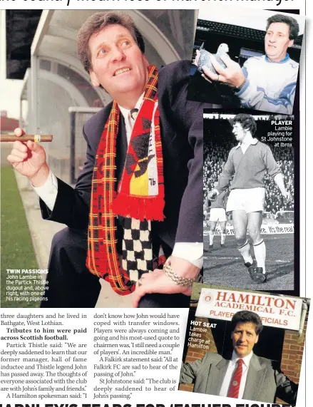  ??  ?? TWIN PASSIONS John Lambie in the Partick Thistle dugout and, above right, with one of his racing pigeons HOT SEAT Lambie takes charge at Hamilton PLAYER Lambie playing for St Johnstone at Ibrox