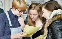  ??  ?? ●● Rachel Helliwell, Elizabeth Taylor and Eleanor Harris look up their results at Tytheringt­on