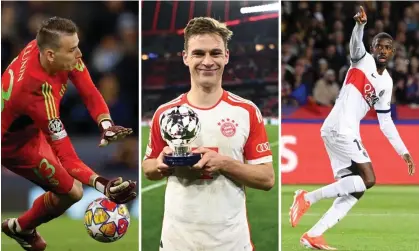  ?? Composite: Real Madrid/Getty Images; Uefa/Getty Images; AFP/Getty Images ?? Joshua Kimmich’s header against Arsenal helped break the record for the most goals (31) in a single round of Champions League quarterfin­als.