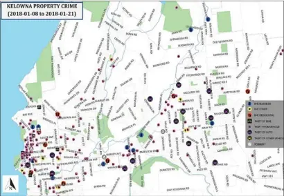  ??  ?? Maps show property crimes in Kelowna citywide, above, and the Mission area specifical­ly, below, from Jan. 8 to Jan. 21. Maps provided by Central Okanagan Crime Stoppers.