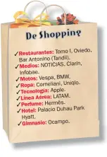  ??  ?? Oviedo, Restaurant­es: Tomo I, Bar Antonino (Tandil). Medios: NOTICIAS, Clarín, Infobae. Motos: Vespa, BMW. Ropa: Corneliani, Uniqlo. Tecnología: Apple. Línea Aérea: LATAM. Perfume: Hermès. Hotel: Palacio Duhau Park Hyatt. Gimnasio: Ocampo.