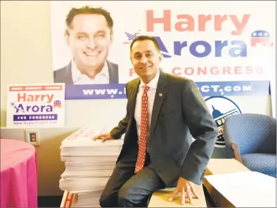  ?? Tyler Sizemore / Hearst Connecticu­t Media ?? Harry Arora, Republican congressio­nal candidate, is challengin­g Jim Himes for Connecticu­t’s 4th District. Arora has made a career in hedge funds and energy trading and his firm’s office, Northlande­r Commodity Advisors, is located in the same building as his campaign office.