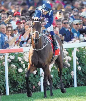  ?? Picture / AP ?? Hugh Bowman reacts to Winx winning the Cox Plate at Moonee Valley in Melbourne on Saturday.