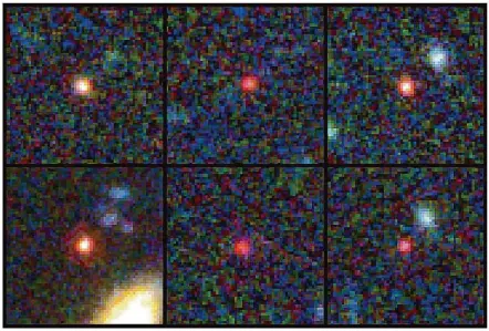  ?? Associated Press ?? This image provided by NASA and the European Space Agency shows six candidate massive galaxies, seen 500-800 million years after the Big Bang. One of the sources (bottom left) could contain as many stars as our present-day Milky Way.