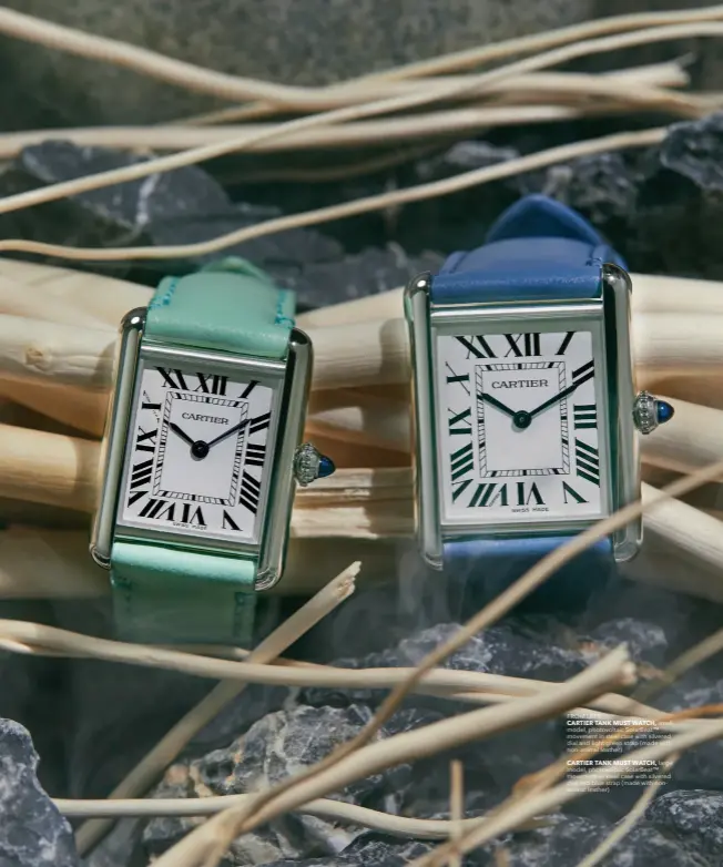  ??  ?? FROM LEFT
CARTIER TANK MUST WATCH, small model, photovolta­ic SolarBeat™ movement in steel case with silvered dial and light green strap (made with non-animal leather) CARTIER TANK MUST WATCH, large model, photovolta­ic SolarBeat™ movement in steel case with silvered dial and blue strap (made with nonanimal leather)